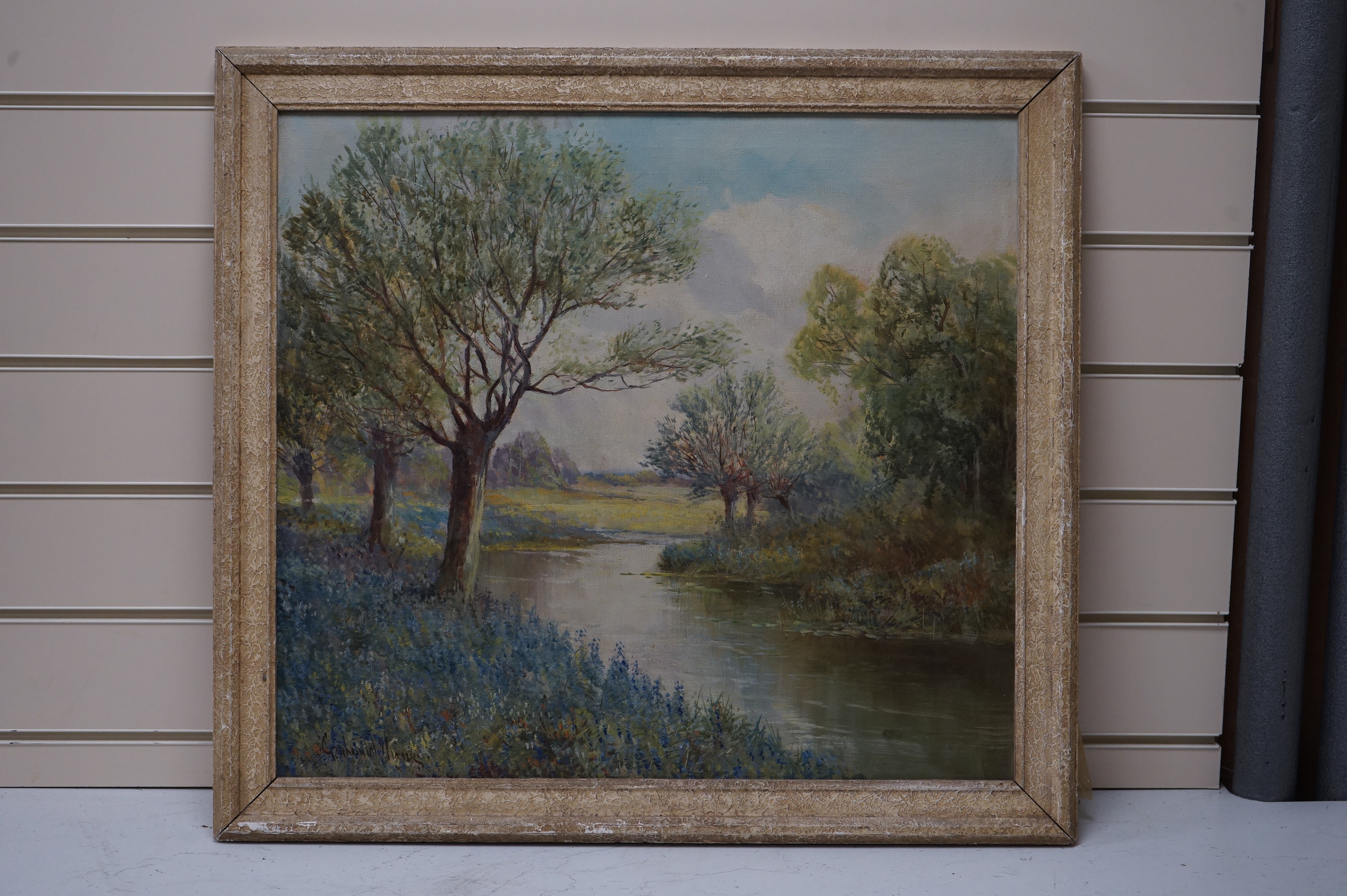 Graham Williams, oil on canvas, ‘Spring morning on the Tillingborne stream’, signed, label verso, 49 x 55cm. Condition - good